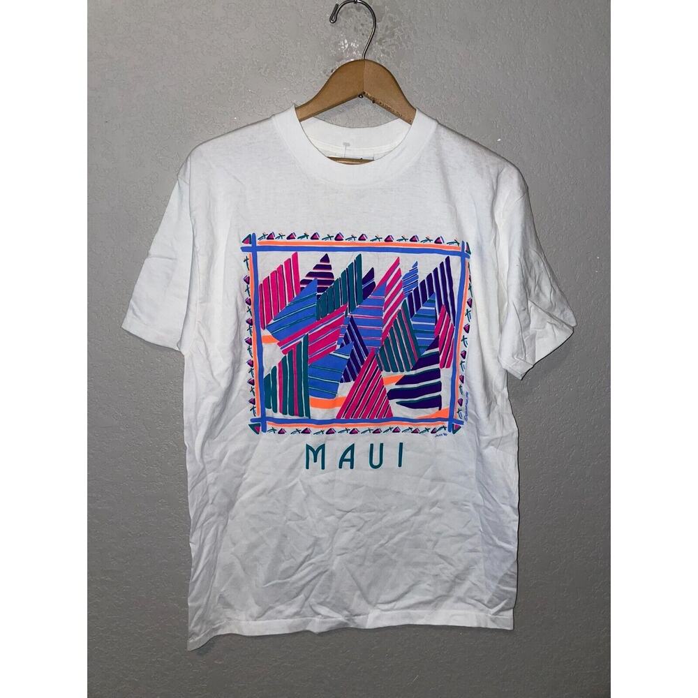 Vintage Maui Hawaii Shirt Eyecatcher Geometric Artwork Print White Large Art Tee